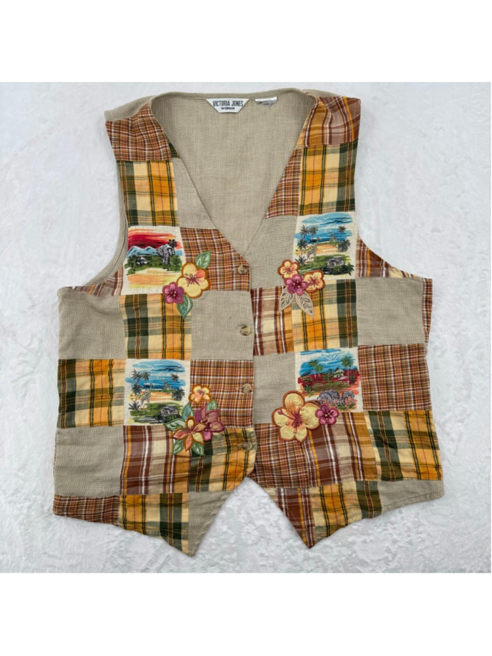 Vintage 90s Patchwork Vest Tropical Safari Plaid Burlap Victoria Jones Size XL